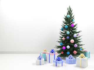 Christmas tree with colored balls toys, gifts boxes. Holiday, new year celebration theme with free copy space. Interior with clean white wall blank for design, text or image. 3d illustration