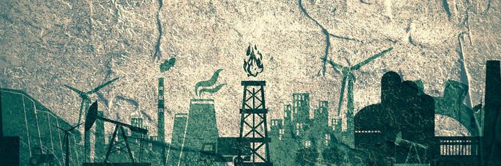 Energy and Power icons set. Header or footer banner. Sustainable energy generation and heavy industry. Concrete textured