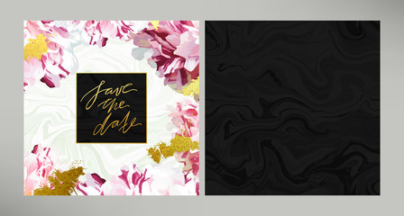 Set of trendy vector wedding invitation tempale and the same style pattern tile in dark grey shades. Peony petals, velvet, gold, marble textures.