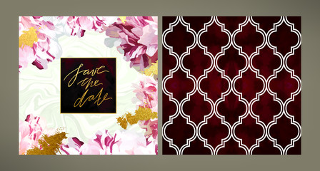 Set of trendy vector wedding invitation tempale and the same style pattern tile in burgundy vinous marsala purple shades. Peony petals, velvet, gold, marble textures.