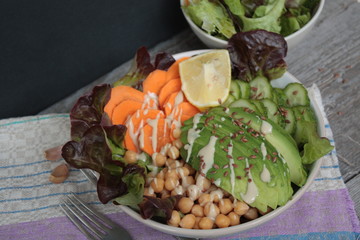 healthy salad in a bowl. avocado, chickpeas, cucumber,  carrots and tahini. more greens every day
