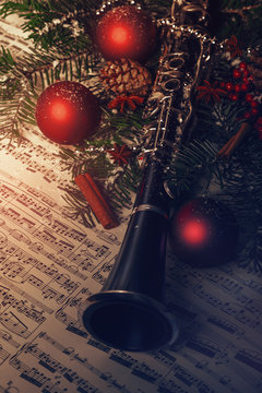 Christmas decoration with clarinet and notes sheet