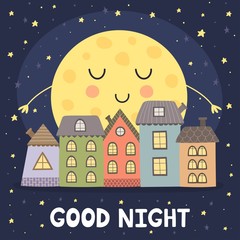 Good night card with smoon and city landscape