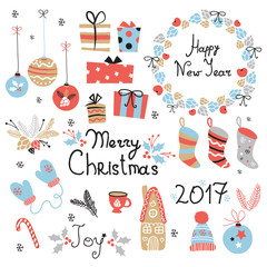 Christmas set  graphic elements with wreath, cake, gingerbread house, mittens, toys, gifts and socks. Template for Greeting Scrapbooking, Congratulations, Invitations. - 125594181