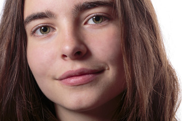 close up portrait, smiling teenage girl, isolated on white