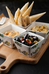 Hummus, pita, olives and feta cheese