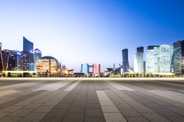 cityscape and skyline of hangzhou new city from empty floor