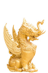 Singha Statue in front of a public temple in Thailand isolated on white.