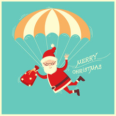 Santa Claus on parachute flying on blue background