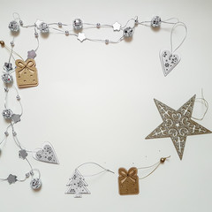 Top view of Christmas accessories on white background