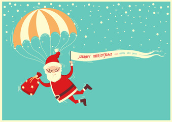 Santa Claus on parachute flying on blue sky with text background