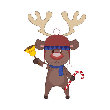 Cartoon reindeer with a winter hat holding a calendar and a candle