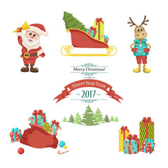 New Year and Christmas set. Santa Claus and reindeer, a bag of gifts, Christmas trees, Santa's sleigh is represented in the collection. illustration