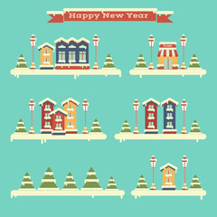 Naklejka premium Winter set of houses. Town. Flat. Happy New Year and Merry Christmas