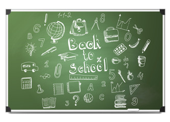 School hand drawn doodle sketch on realistic green chalkboard with back to school text. Vector illustration