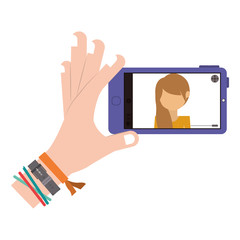 human hand with colorful bracelets taking a photo selfie with smartphone device over white background. vector illustration