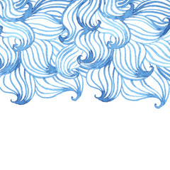 Abstract blue watercolor hand drawn curly waves doddle background. Vector illustration