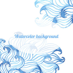 Abstract blue watercolor hand drawn curly waves doddle background with oval badge for text. Vector illustration.