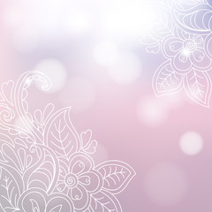 Subtle beautiful pink background with bokeh effect and hand drawn floral doodle. Vector illustration