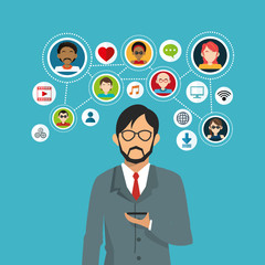 Avatar man with icon set. Social network media and communication theme. Colorful design. Vector illustration