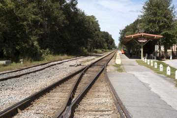 Fototapeta na wymiar DeLand Florida USA - October 2016 - Railroad track at Deland Station Florida USA