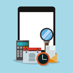 Tablet and icon set. Social network media and communication theme. Colorful design. Vector illustration