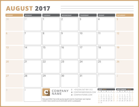 Calendar Template for 2017 Year. August. Business Planner 2017 Template. Stationery Design. Week starts Sunday. 3 Months on the Page. Vector Illustration