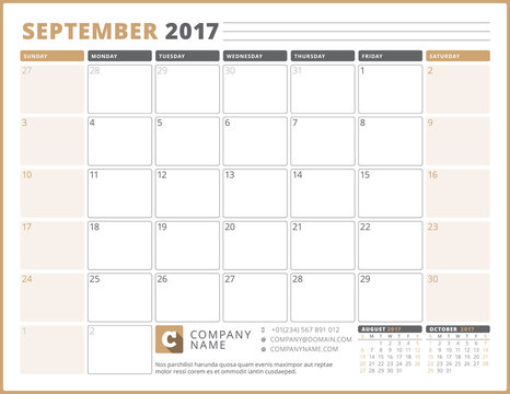 Calendar Template for 2017 Year. September. Business Planner 2017 Template. Stationery Design. Week starts Sunday. 3 Months on the Page. Vector Illustration