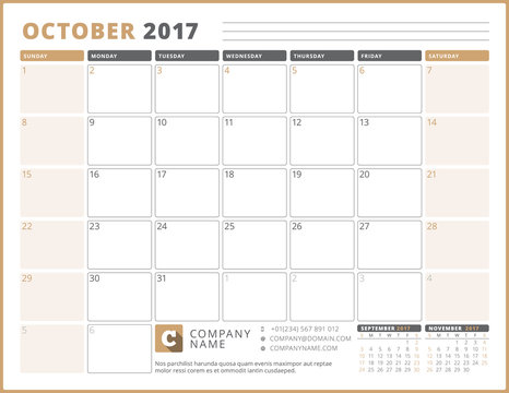 Calendar Template for 2017 Year. October. Business Planner 2017 Template. Stationery Design. Week starts Sunday. 3 Months on the Page. Vector Illustration