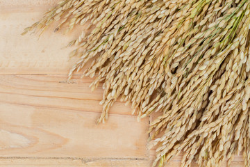grains, ear of rice on the wooden background, copyspace for text on the left.