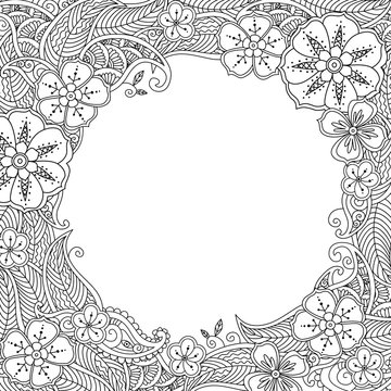 Floral hand drawn round frame in zentangle style.