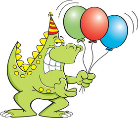 Cartoon illustration of a dinosaur holding balloons.