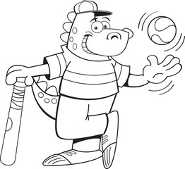 Black and white illustration of a dinosaur tossing a baseball.