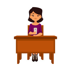 Asian school girl sitting at the desk with a smartphone, cartoon vector illustration isolated on white background. Pretty asian, chinese, japanese girl sitting at the desk with a phone
