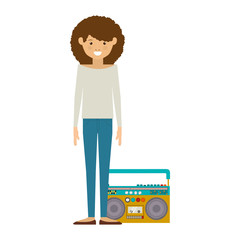 avatar woman smiling with retro music player icon over white background. hipster style design. vector illustration