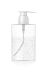 White cosmetic bottle dispenser pump with tube transparent bubble liquid filled container from front angle.