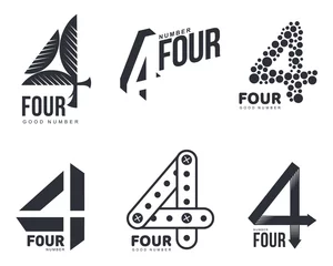 Fotobehang Set of black and white number four logo templates, vector illustrations isolated on white background. Black and white graphic number four logo templates - technical, organic, abstract © sabelskaya