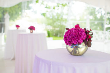Valentines day background with pink hydrangea. Top view with copy space
