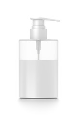 White cosmetic bottle dispenser pump with tube transparent white liquid filled container from front angle.