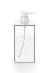 White cosmetic bottle dispenser pump with rectangle transparent bubble liquid filled container from front top angle.