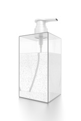 White cosmetic bottle dispenser pump with rectangle transparent bubble liquid filled container from closeup angle.
