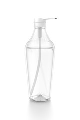 White cosmetic bottle dispenser pump with tube transparent liquid filled container from side angle.