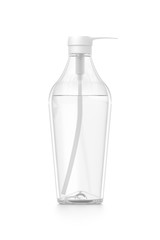 White cosmetic bottle dispenser pump with tube transparent liquid filled container from front angle.