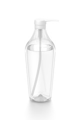 White cosmetic bottle dispenser pump with tube transparent liquid filled container from front top angle.