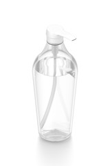 White cosmetic bottle dispenser pump with tube transparent liquid filled container from isometric angle.