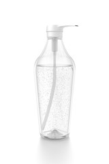 White cosmetic bottle dispenser pump with tube transparent bubble liquid filled container from side angle.