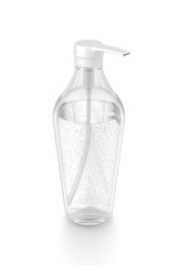 White cosmetic bottle dispenser pump with tube transparent bubble liquid filled container from top angle.