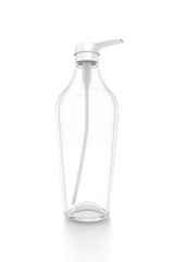 White cosmetic bottle dispenser pump with tube transparent empty container from closeup angle.