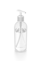 White cosmetic bottle dispenser pump with tube transparent liquid filled container from top angle.