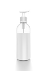 White cosmetic bottle dispenser pump with tube transparent white liquid filled container from closeup angle.